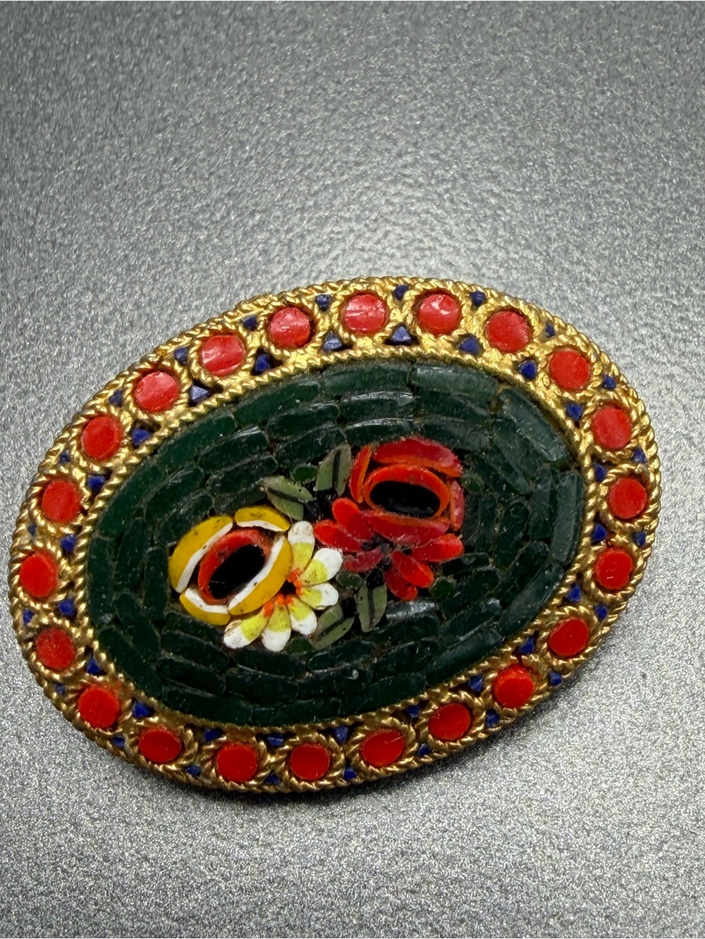 Vintage Floral Mosaic Oval Brooch in Black  and Red #54mo